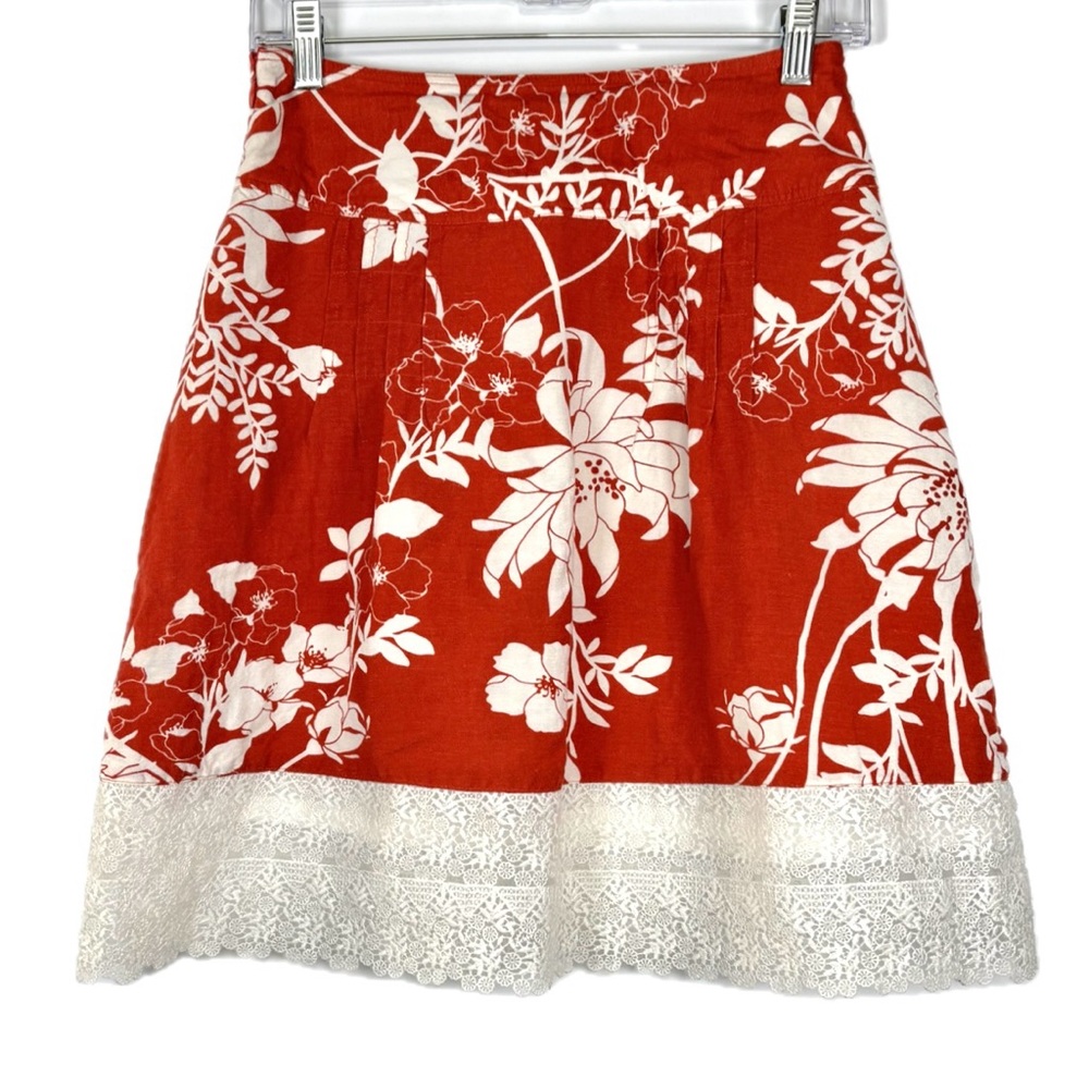 Ann Taylor Linen & Lace Pleated Side Zip Tropical Floral Tomato‎ Red Skirt XS